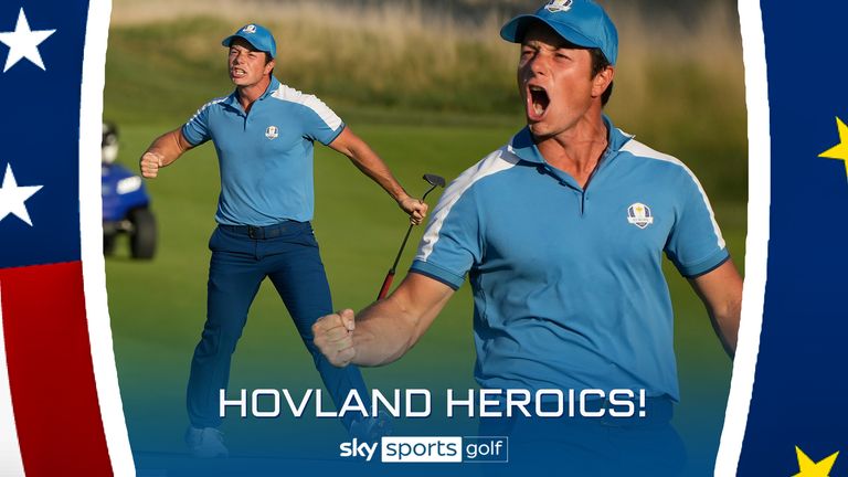Viktor Hovland sinks a crucial birdie putt on the 18th hole at the Ryder Cup to earn half a point for Team Europe