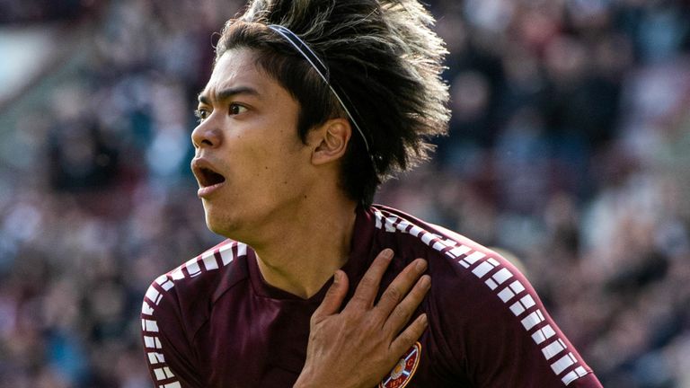 EDINBURGH, SCOTLAND - SEPTEMBER 16: Hearts' Yutaro Oda celebrates after scoring to make it 1-0 during a cinch Premiership match between Heart of Midlothian and Aberdeen at Tynecastle Park, on September 16, 2023, in Edinburgh, Scotland.  (Photo by Sammy Turner / SNS Group)