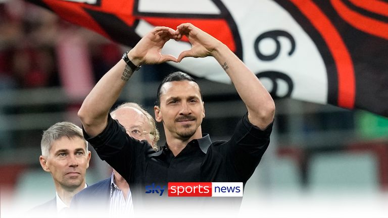 AC Milan&#39;s Zlatan Ibrahimovic reacts after his last game for the club at the end of a Serie A soccer match between AC Milan and Hellas Verona at the San Siro stadium, in Milan, Italy, Sunday, June 4, 2023. (AP Photo/Antonio Calanni)