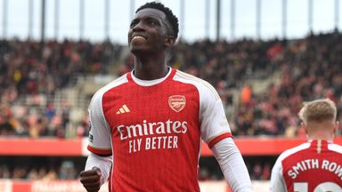 Eddie Nketiah celebrates after giving Arsenal a first-half lead 