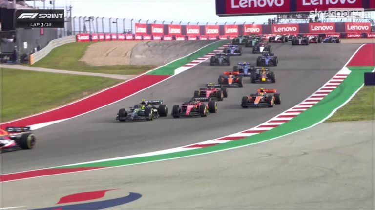 Lewis Hamilton rises to second position as Max Verstappen holds the lead in the opening lap of the Austin Sprint.