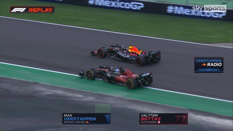 Valtteri Bottas uses DRS to race Max Verstappen down to Turn 1 in P2.