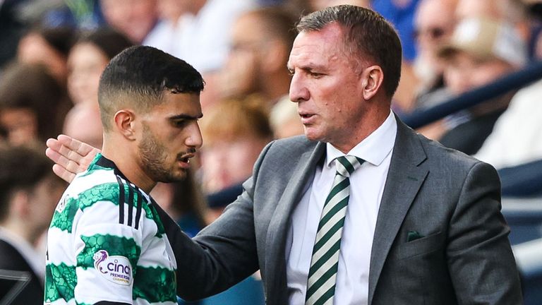 KILMARNOCK, SCOTLAND - AUGUST 20: Celtic manager Brendan Rodgers and Liel Abada during a Viaplay Cup Round of Sixteen match between Kilmarnock and Celtic at Rugby Park, on August 20, 2023, in Kilmarnock, Scotland. (Photo by Craig Williamson / SNS Group)