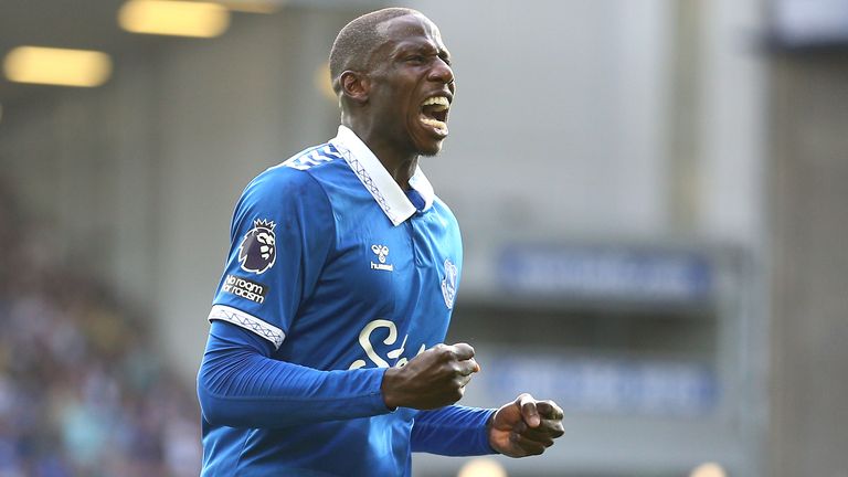 Abdoulaye Doucoure celebrates scoring Everton's third goal