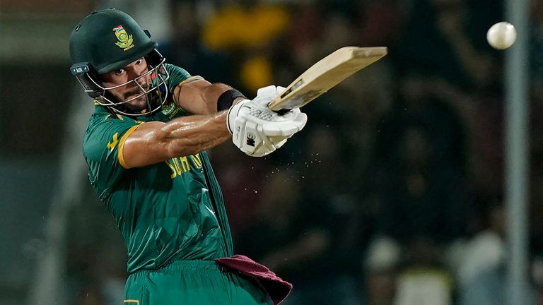 South Africa's Aiden Markram plays a shot during the ICC Men's Cricket World Cup match between Pakistan and South Africa in Chennai, India, Friday, Oct. 27, 2023. (AP Photo/Mahesh Kumar A.)