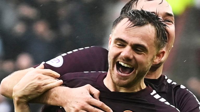 EDINBURGH, SCOTLAND - OCTOBER 07: Alan Forrest celebrates making it 1-0 Hearts during a cinch Premiership match between Heart of Midlothian and Hibernian at Tynecastle Park, on October 07, 2023, in Edinburgh, Scotland. (Photo by Rob Casey / SNS Group)