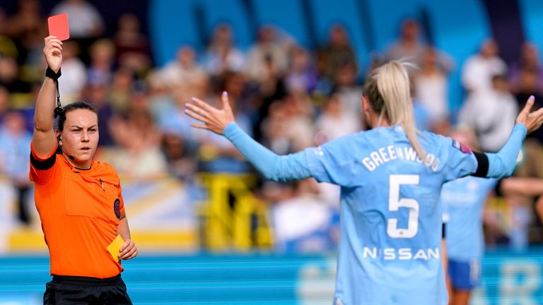 City skipper Alex Greenwood was sent off after receiving a second yellow card to time-wasting
