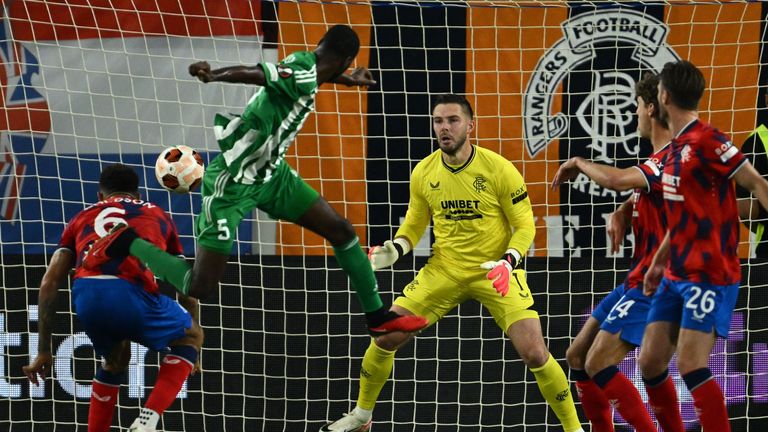Alex Moucketou-Moussounda heads Aris Limassol in front against Rangers