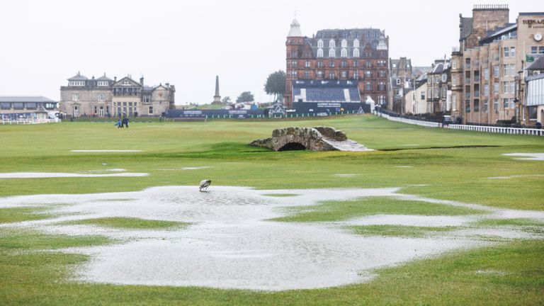 A general view of the Old Course and the adverse weather conditions that led to play being abandoned for the day during Day Three of the Alfred Dunhill Links Championship at the Old Course, on October 07, 2023, in St Andrews, Scotland. (Photo by Ross Parker / SNS Group)