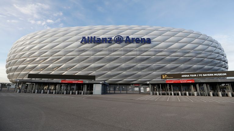 An exterior, overall, general view of Allianz Arena in Munich, Germany, Monday, Nov. 7, 2022. The Tampa Bay Buccaneers will take on the Seattle Seahawks at Allianz Arena in the first ever regular season NFL football game in Germany this Sunday. (AP Photo/Steve Luciano) in Munich, Germany, Monday, Nov. 7, 2022. (AP Photo/Steve Luciano)