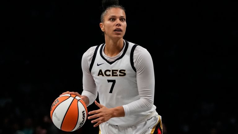 Las Vegas Aces&#39; Alysha Clark (7) during the second half in Game 4 of a WNBA basketball final playoff series against the New York Liberty Wednesday, Oct. 18, 2023, in New York. The Aces won 70-69. (AP Photo/Frank Franklin II)