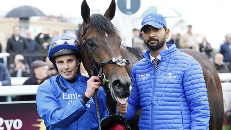Ancient Wisdom and William Buick pose after winning the Kameko Futurity Trophy at Doncaster
