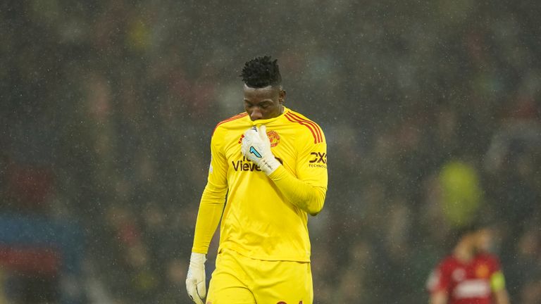 Manchester United&#39;s goalkeeper Andre Onana reacts during the Champions League group A soccer match between Manchester United and Galatasaray at the Old Trafford stadium in Manchester, England, Tuesday, Oct. 3, 2023. (AP Photo/Dave Thompson)
