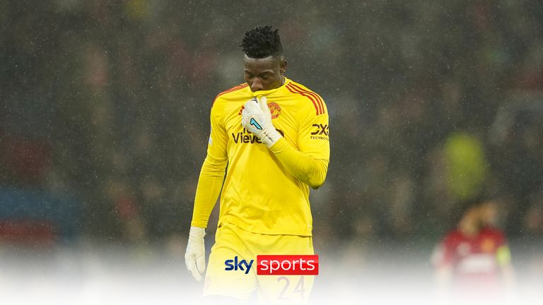 Manchester United&#39;s goalkeeper Andre Onana reacts during the Champions League group A soccer match between Manchester United and Galatasaray at the Old Trafford stadium in Manchester, England, Tuesday, Oct. 3, 2023. (AP Photo/Dave Thompson)