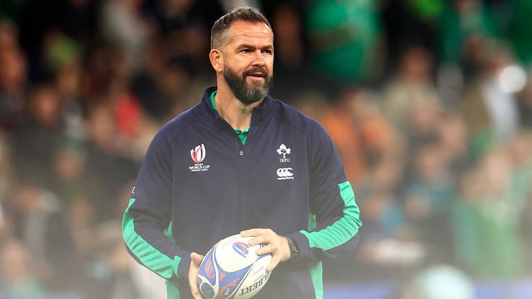 Ireland's head coach Andy Farrell walks on the pitch before the Rugby World Cup quarterfinal match between Ireland and New Zealand at the Stade de France in Saint-Denis, near Paris, Saturday, Oct. 14, 2023. (AP Photo/Aurelien Morissard)