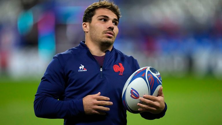 France's Antoine Dupont warms-up before the Rugby World Cup quarterfinal match between France and South Africa at the Stade de France in Saint-Denis, near Paris Sunday, Oct. 15, 2023. (AP Photo/Thibault Camus)