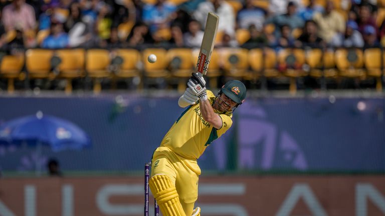 Australia&#39;s Travis Head plays a shot during the ICC Men&#39;s Cricket World Cup match between Australia and New Zealand in Dharamshala, India,Saturday, Oct. 28, 2023. (AP Photo/Ashwini Bhatia)