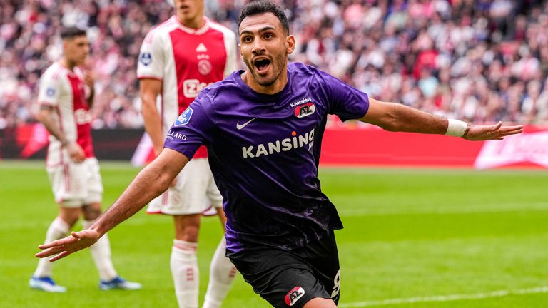 Vangelis Pavlidis of AZ celebrates the first goal during the Dutch Eredivisie match between Ajax and AZ at Johan Cruijff ArenA on October 8, 2023 in Amsterdam, Netherlands.