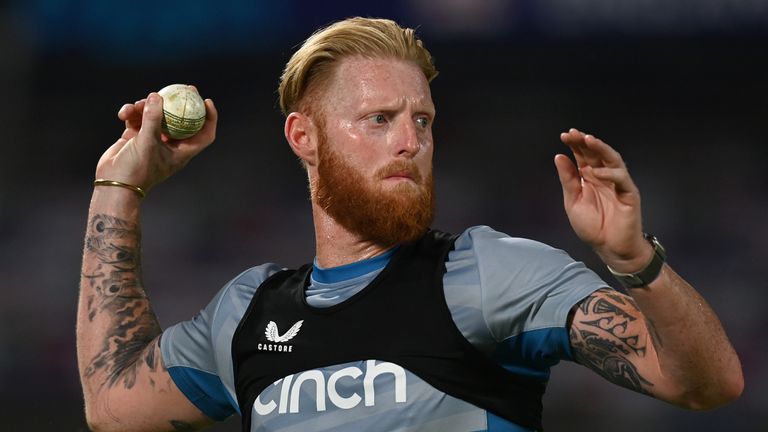 DELHI, INDIA - OCTOBER 14: Ben Stokes of England throws during a nets session at Arun Jaitley Stadium on October 14, 2023 in Delhi, India. (Photo by Gareth Copley/Getty Images)