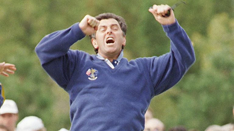 European team captain Bernard Gallacher leaps on the 18th green in jubilation after Europe clinched victory over the United States in the final round of Ryder Cup play on Sunday, September 24, 1995 at the Oak Hills Country Club in Rochester. (AP Photo/ Kevin Higley)