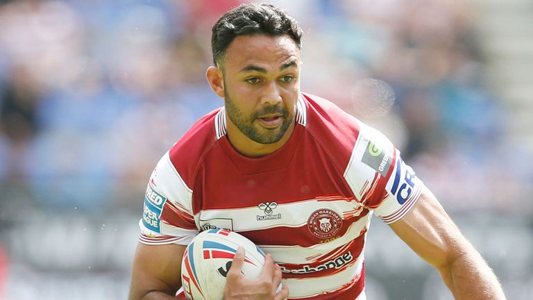 Picture by Ed Sykes/SWpix.com - 29/07/2023 - Rugby League - Betfred Super League Round 20 - Wigan Warriors v Leigh Leopards - DW Stadium, Wigan, England - Wigan Warriors' Bevan French