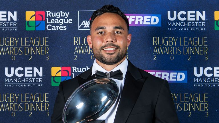 Picture by Allan McKenzie/SWpix.com - 10/10/2023 - Rugby League - Rugby League Awards Dinner 2023 - Lancashire County Cricket Ground - Manchester, England - WIgan's Bevan French is awarded the Steve Prescott Man of Steel Award 2023.