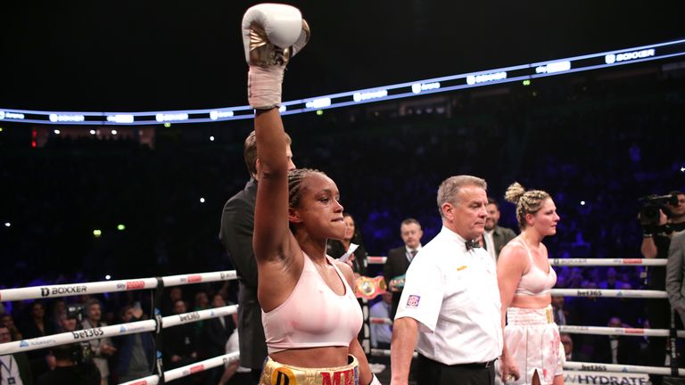 Natasha Jones celebrates victory against Marie-Eve Dicaire in the IBF, WBC and WBO super welter-weight bout at the AO Arena, Manchester last year