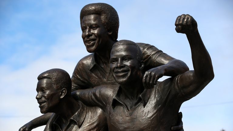 A statue of Laurie Cunningham, Brendon Batson and Cyrille Regis stands outside the Hawthorns