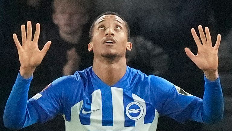 Brighton's Joao Pedro celebrates after scoring his sides first goal during the Europa League Group B soccer match between Brighton and Hove Albion and Ajax at the Amex stadium in Brighton, England, Thursday, Oct. 26, 2023. (AP Photo/Frank Augstein)