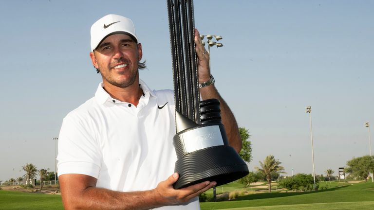 First Place Individual Champion Captain Brooks Koepka of Smash GC celebrates with the trophy after winning LIV Golf Jeddah at the Royal Greens Golf & Country Club on Sunday, October 15, 2023 in King Abdullah Economic City, Saudi Arabia. (Photo by Montana Pritchard/LIV Golf via AP)