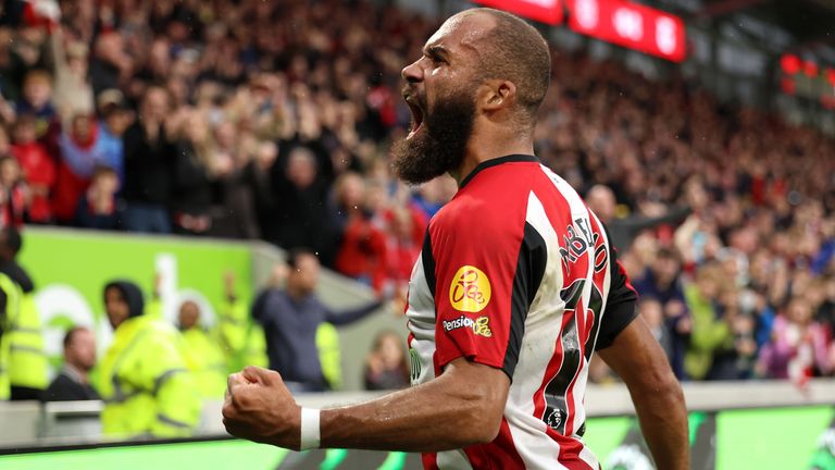 Bryan Mbeumo celebrates after doubling Brentford's lead