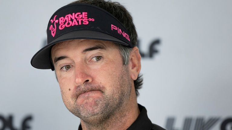 Captain Bubba Watson of the RangeGoats GC speaks at a press conference during the pro-am ahead of LIV Golf Team Championship Miami at the Trump National Doral on Thursday, October 19, 2023 in Miami, Florida. (Photo by Doug DeFelice/LIV Golf via AP)