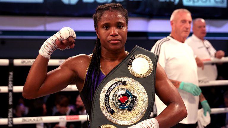 Caroline Dubois (right) poses with her belt following the IBO Lightweight Title fight against Magali Rodriguez