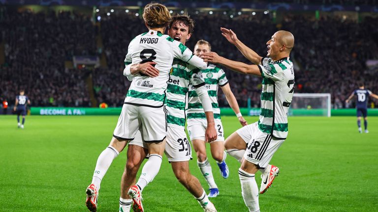 Celtic's Kyogo Furuhashi celebrates with Matt O'Riley and Daizen Maeda