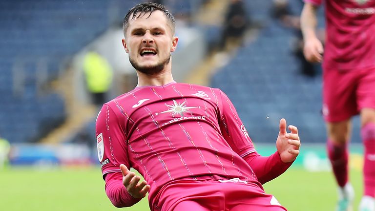 Liam Cullen celebrates after giving Swansea a first-half lead at Blackburn