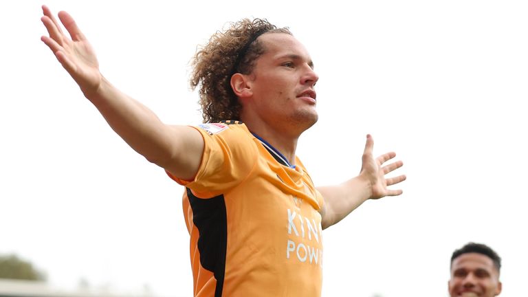 Wout Faes celebrates after giving Leicester an early lead at Blackburn