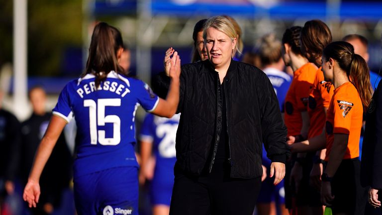 Chelsea Women head coach Emma Hayes celebrates the win over Brighton with Eve Perisset