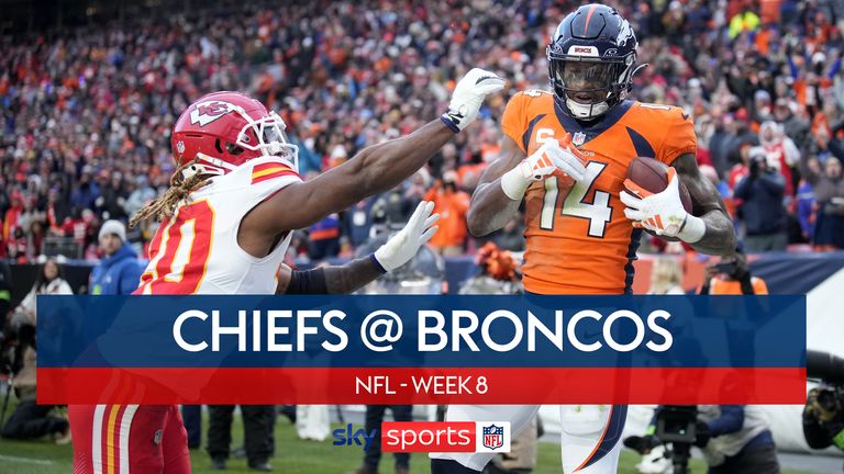 Denver Broncos wide receiver Courtland Sutton (14) catches a touchdown pass as Kansas City Chiefs safety Justin Reid (20) defends during the second half of an NFL football game Sunday, Oct. 29, 2023, in Denver. (AP Photo/David Zalubowski)


