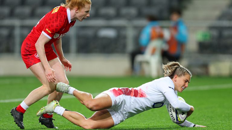 England wing Claudia MacDonald scored her side's seventh and final try in their 45-12 win over Canada