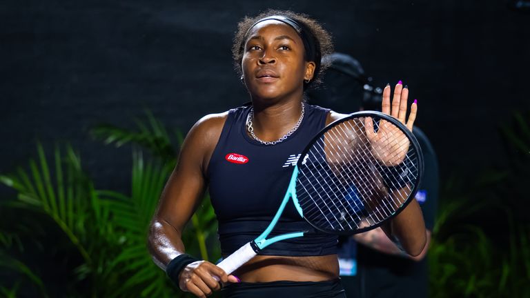 Coco Gauff of the United States celebrates defeating Ons Jabeur of Tunisia in the first round robin match on Day 2 of the GNP Seguros WTA Finals Cancun 2023 part of the Hologic WTA Tour on October 30, 2023 in Cancun, Mexico (Photo by Robert Prange/Getty Images)