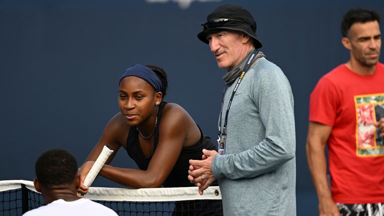 FLUSHING NY- AUGUST 23: Coco Gauff is seen with her coach Brad Gilbert on the practice court at the USTA Billie Jean King National Tennis Center on August 23, 2023 in Flushing Queens. Credit: mpi04/MediaPunch /IPX
