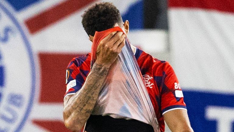 Rangers' Connor Goldson puts his head in his shirt after Aris Limassol take an early lead
