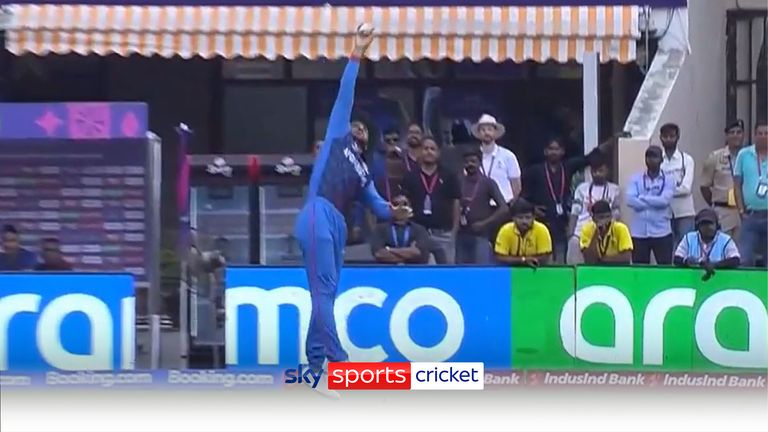 Rahmat Shah&#39;s incredible catch for Afghanistan ends Mehidy Hasan&#39;s innings for Bangladesh at the Cricket World Cup.
