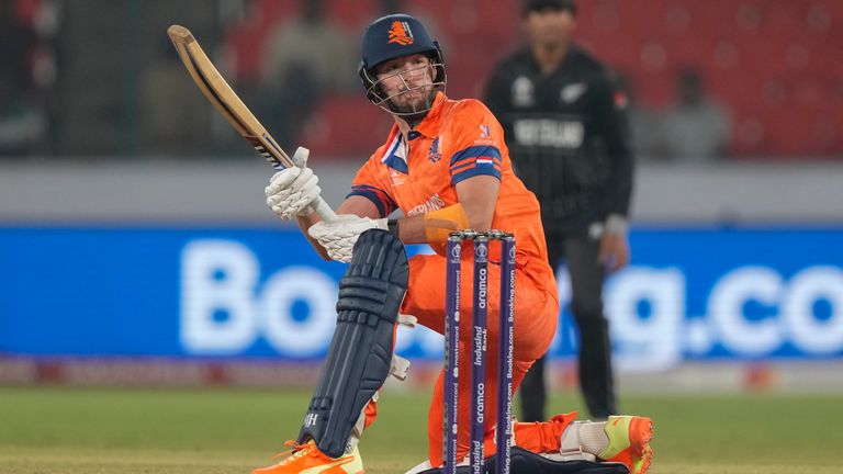 Netherlands' Paul Van Meekeren made four not out during his innings against New Zealand