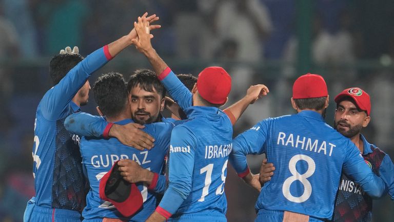 Afghanistan celebrate after inflicting a shock defeat to England in the Cricket World Cup