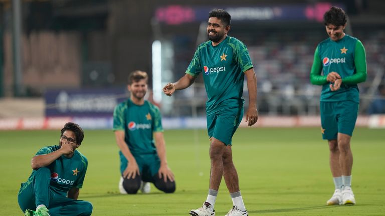 Pakistan's captain Babar Azam and his team members at training before they face Australia in Bengaluru on Friday