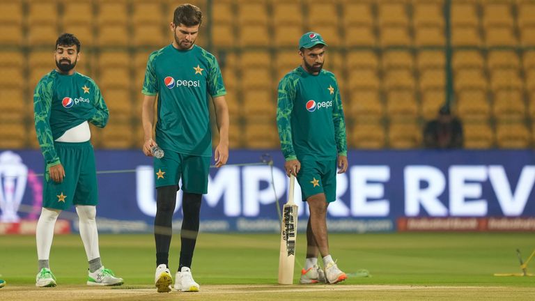 Pakistan's Shadab Khan, left, Shaheen Afridi and Abdullah Shafique ahead of their fixture against Australia on Friday