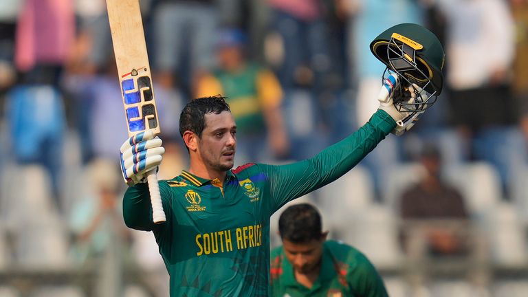 South Africa's Quinton De Kock celebrates his century against Bangladesh