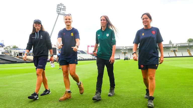 Jasmine Nicholls (left) Meg Lay (second left) were part of the historic all-women&#39;s groundstaff team at Edgbaston earlier this year