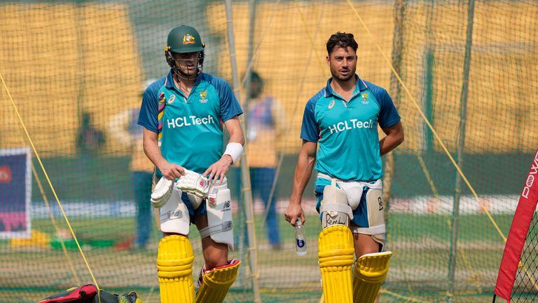 Australia's captain Pat Cummins and Marcus Stoinis during a practice session ahead their game against Pakistan in Bengaluru on Friday